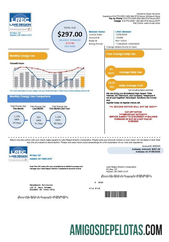 imprimível Modelo de conta de serviços públicos da região do lago LREC dos EUA Oklahoma em formatos Word e PDF